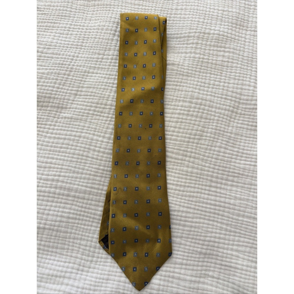 Brooks Basics Pure Silk Tie Gold Mustard Yellow Blue Geometric Made In USA Chain